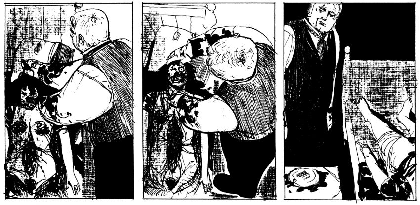 Szene aus From Hell (1993) von Eddie Campbell, der Jack the Ripper in voller Aktion darstellt.