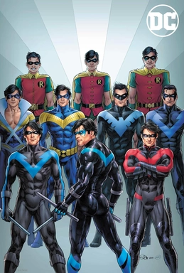  Dick Graysons unterschiedliche Erscheinungsformen auf dem variant cover von Nightwing #118 (September 2024).
Gestaltet von Nicola Scott.